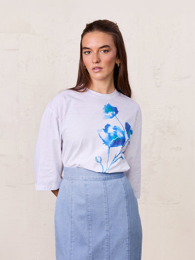 Floral Motif Oversized Tee-Blue