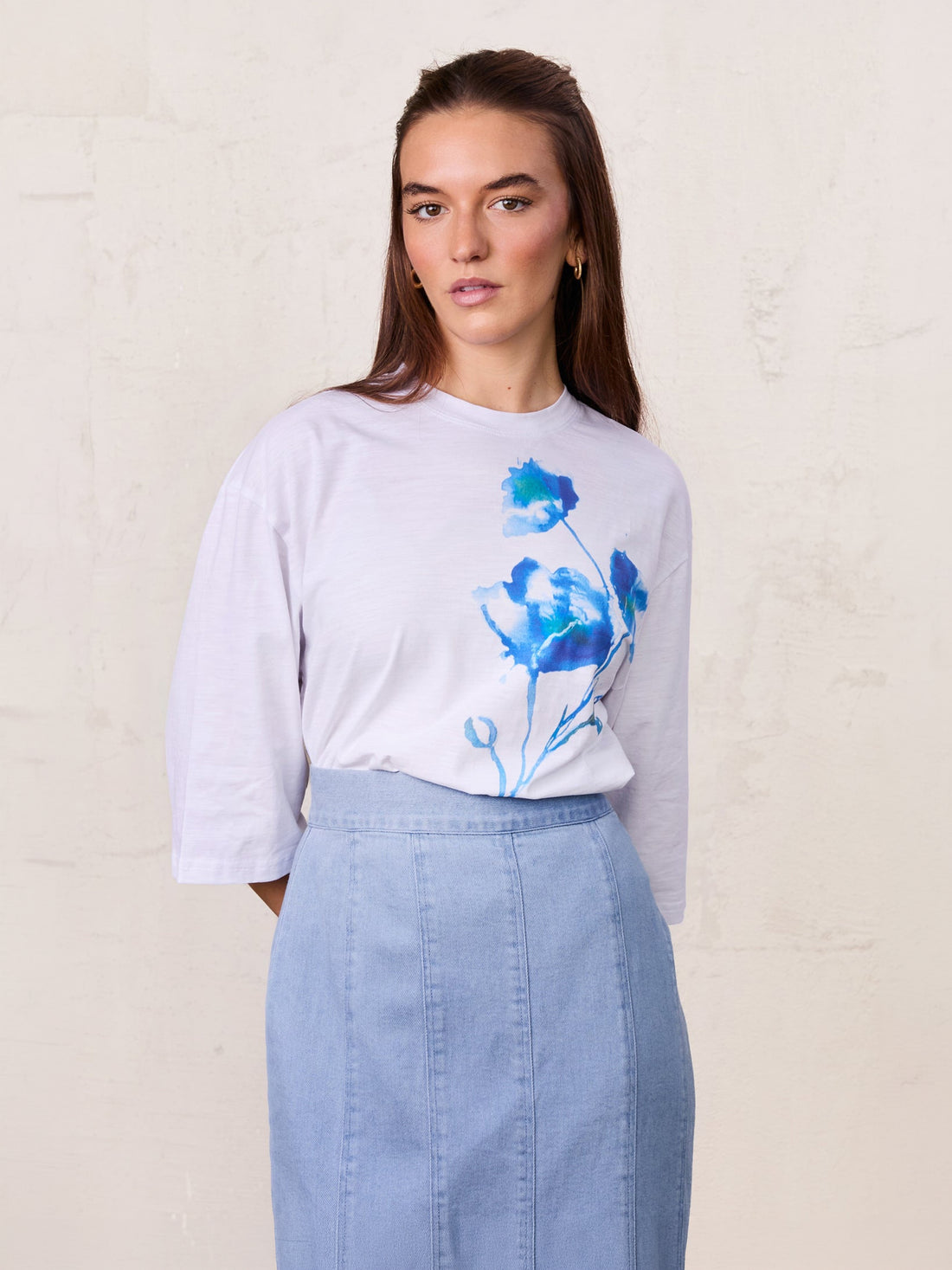 Floral Motif Oversized Tee-Blue