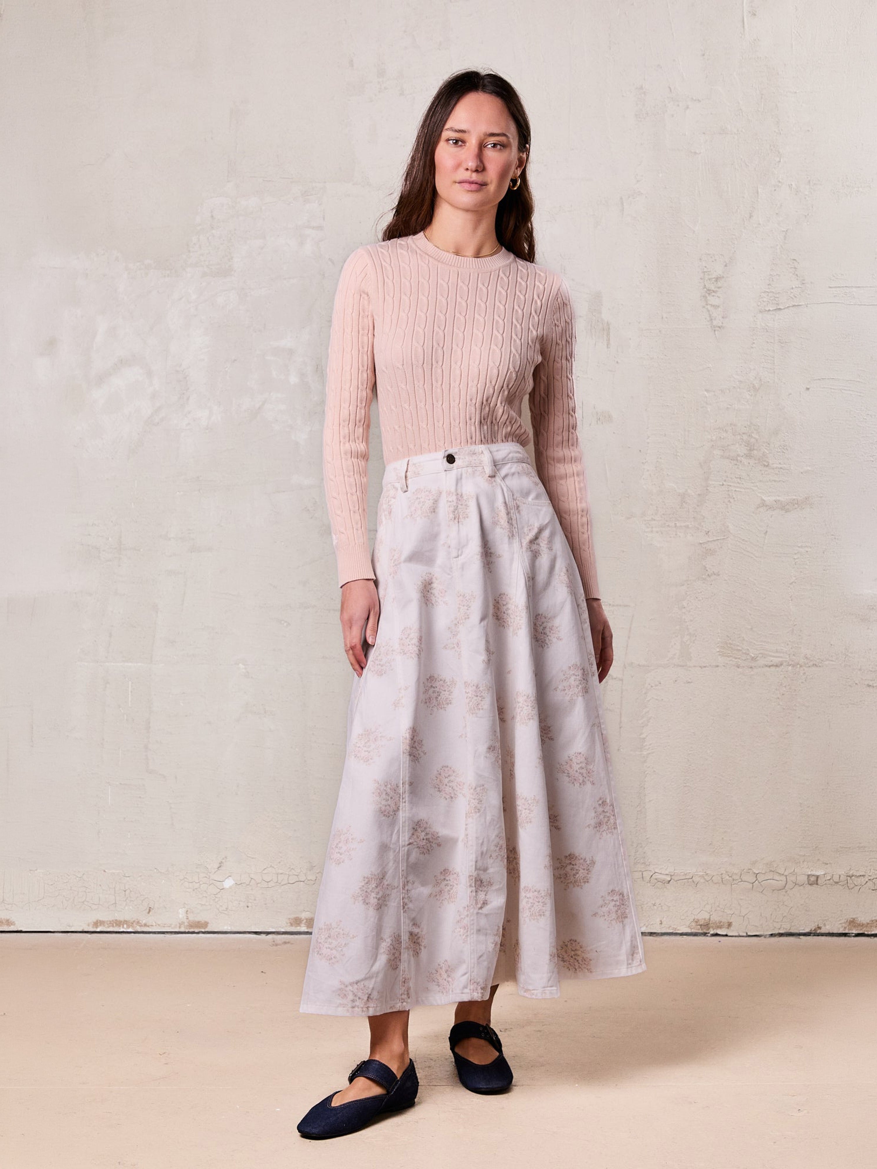 Floral Print Seamed Denim Skirt-White and Pink Floral