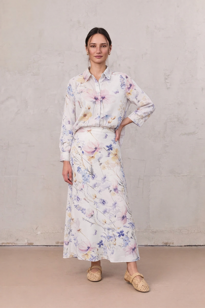 Printed Linen Blend Blouse-Scattered Flowers