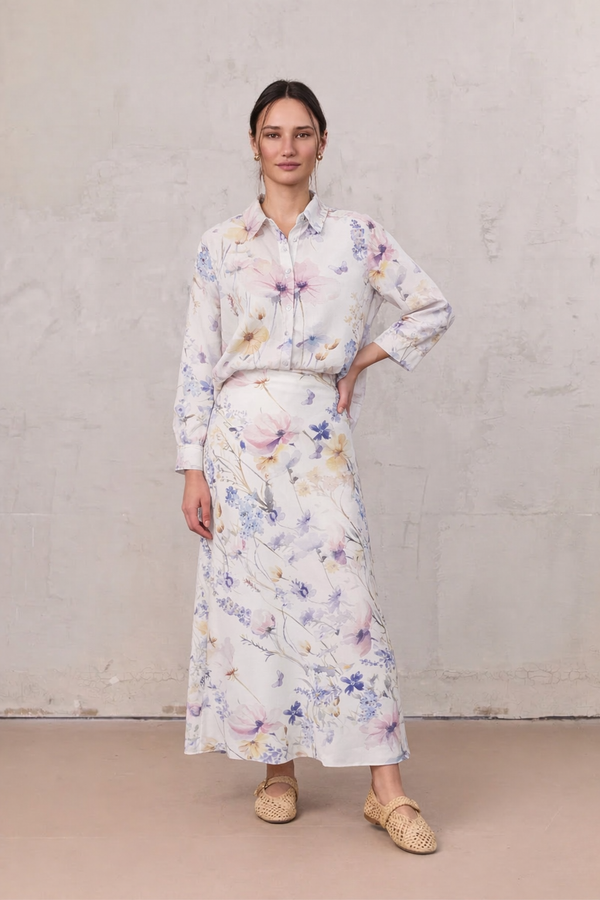 Printed Linen Blend Blouse-Scattered Flowers
