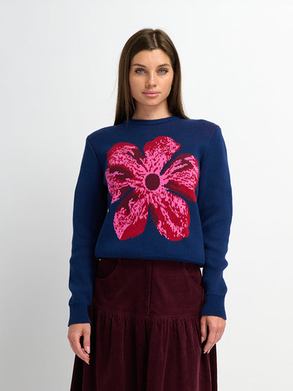 Flower Design Sweater - Blue