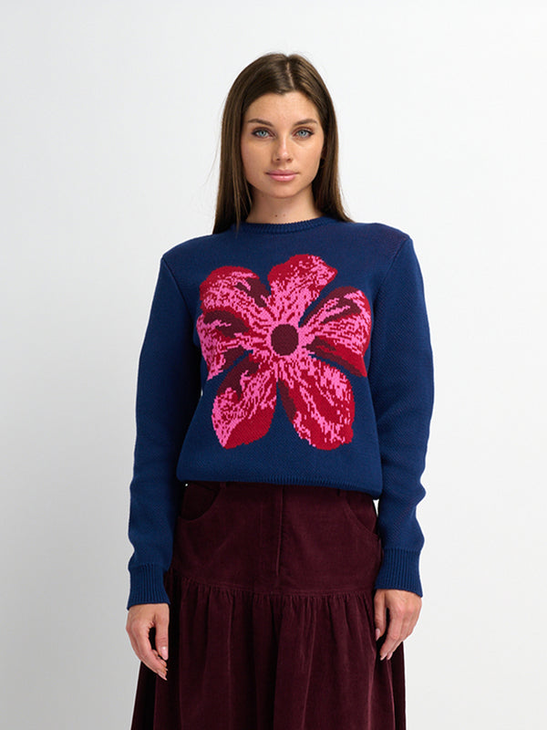Flower Design Sweater - Blue