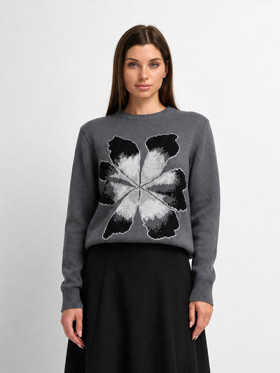 Flower Design Sweater - Grey