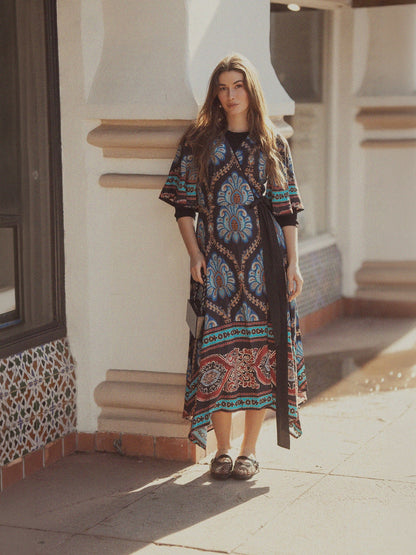 Flutter Sleeve Wrap Dress-Blue Medallion