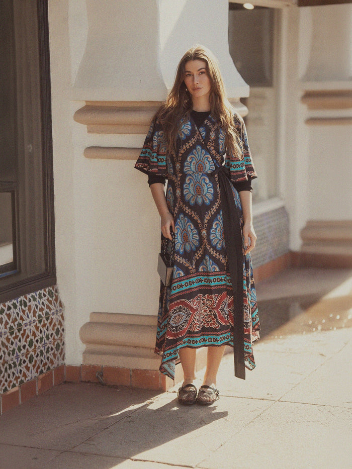 Flutter Sleeve Wrap Dress-Blue Medallion