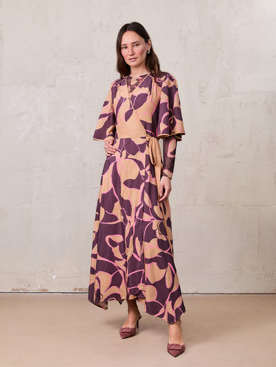 Flutter Sleeve Wrap Dress-Peach Floral