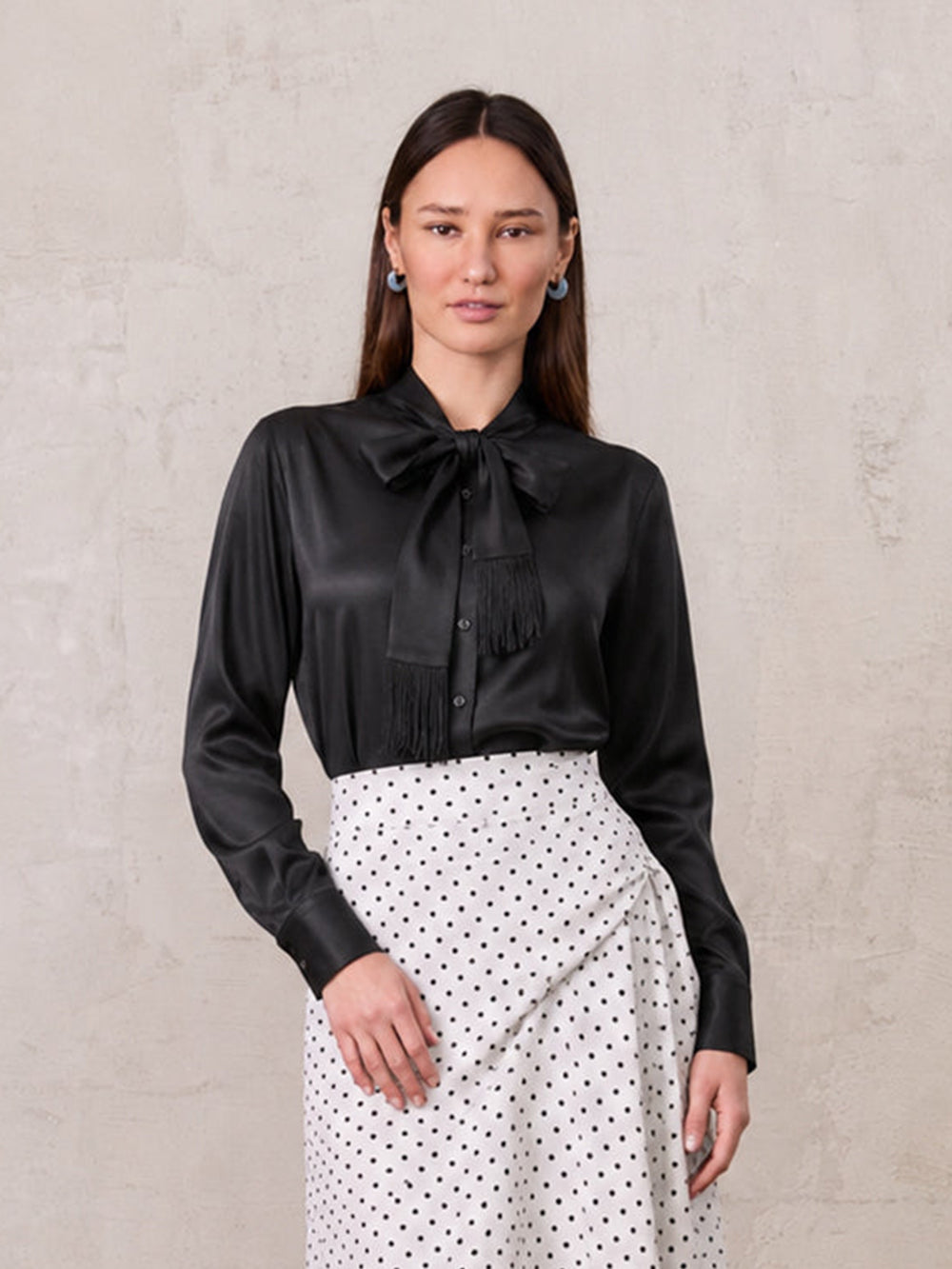 Fringe Bow Blouse-Black
