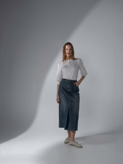 Front Kick Pleat Denim Skirt-Blue