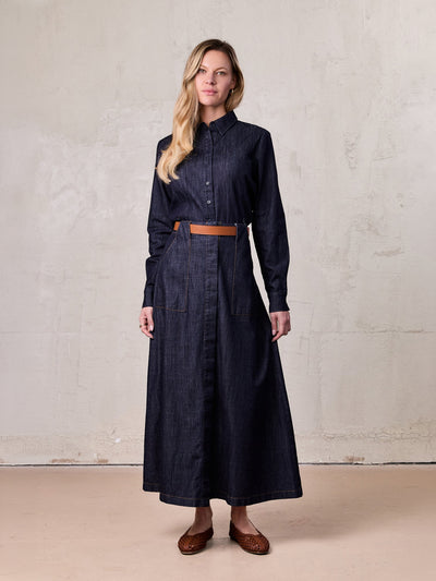 Front Panel Pocket Lightweight Denim Skirt-Dark Blue