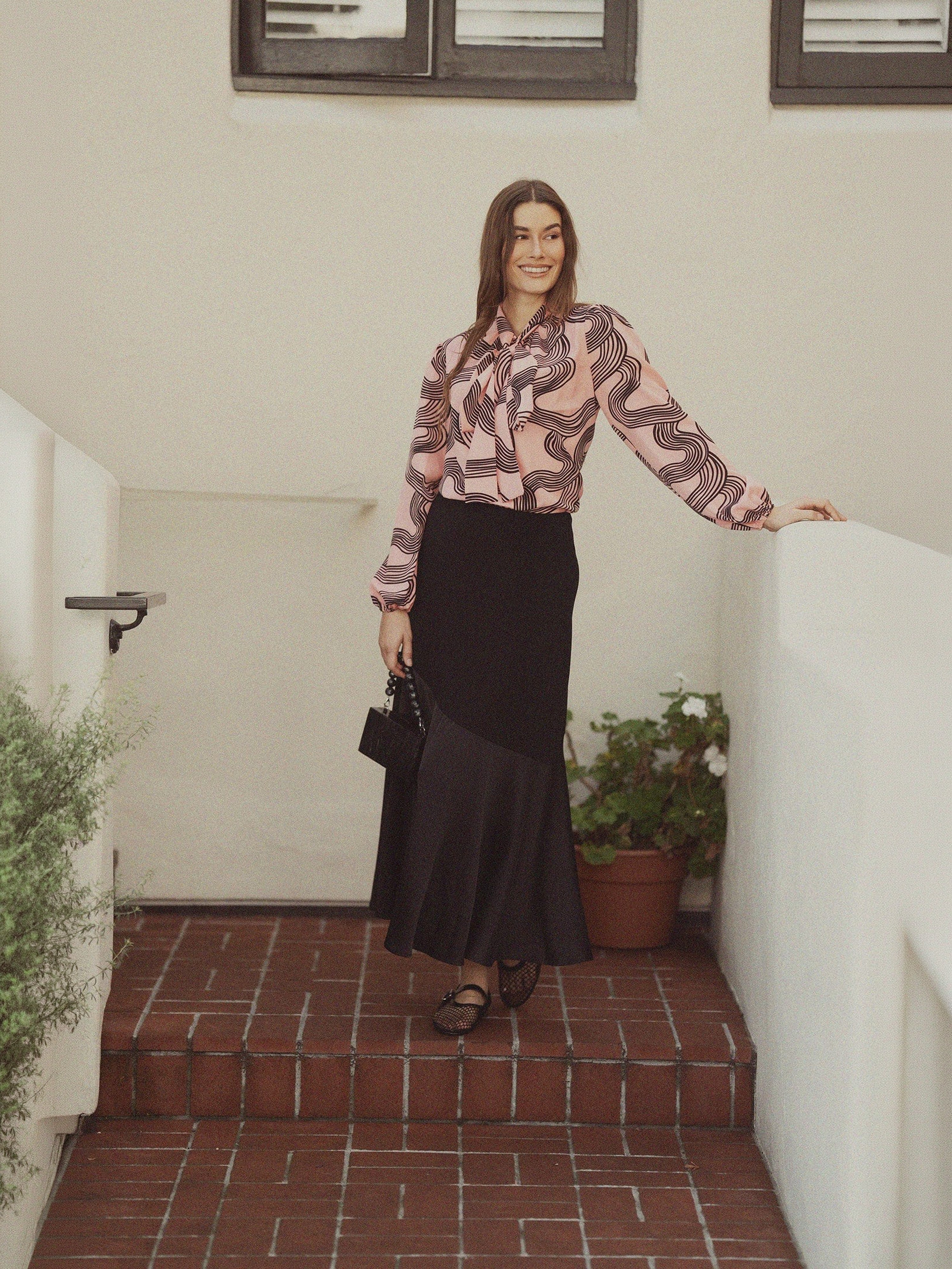 Front Placket Bow Blouse-Black Swirl