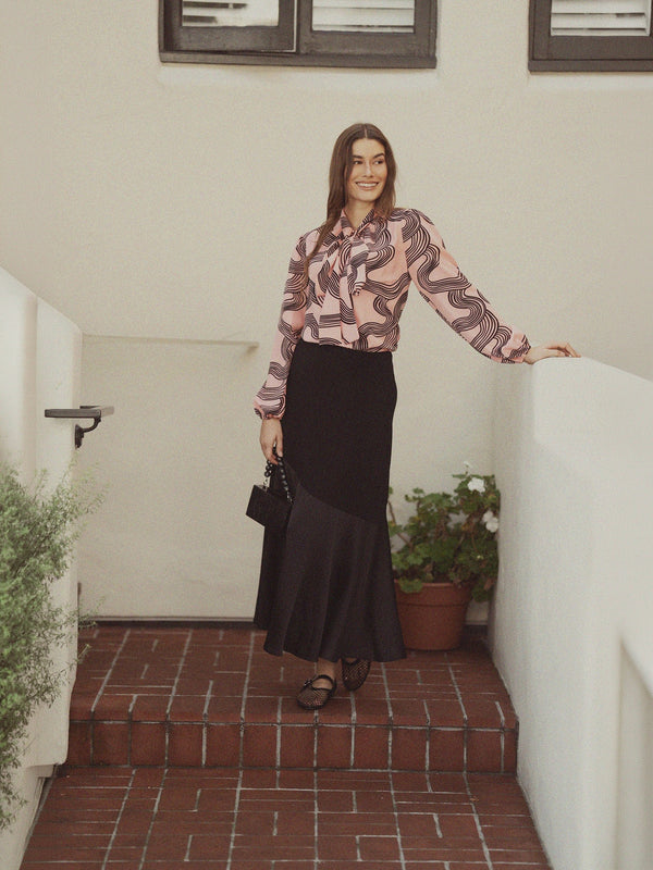 Front Placket Bow Blouse-Black Swirl