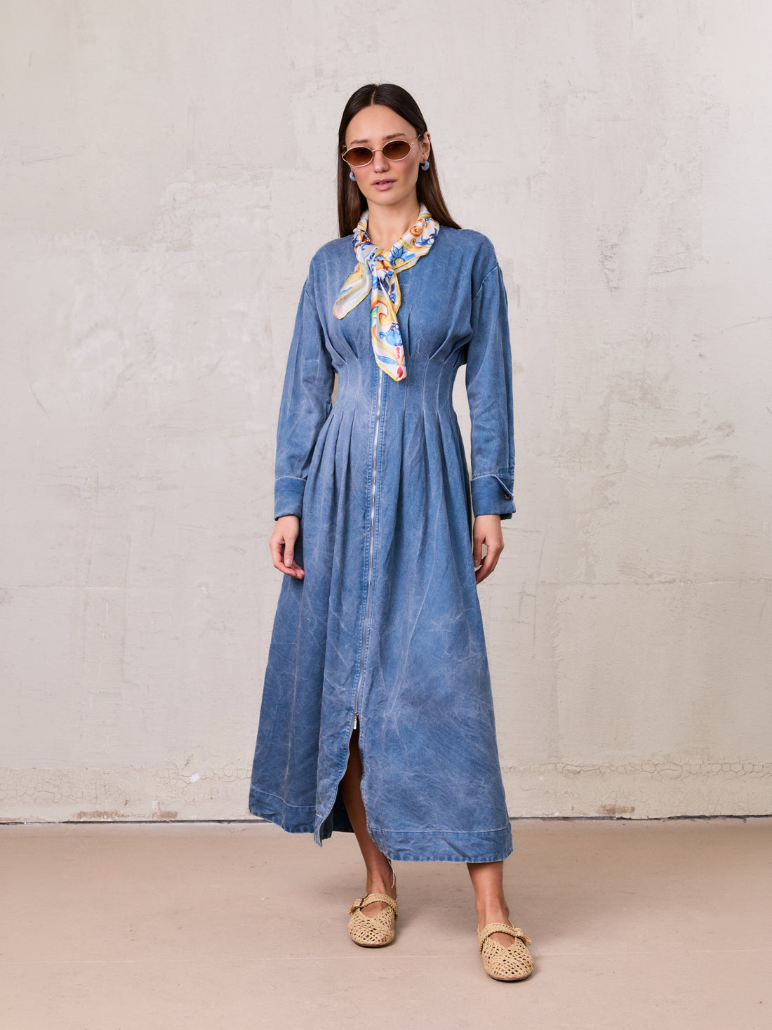 Front Pleat Denim Dress-Blue