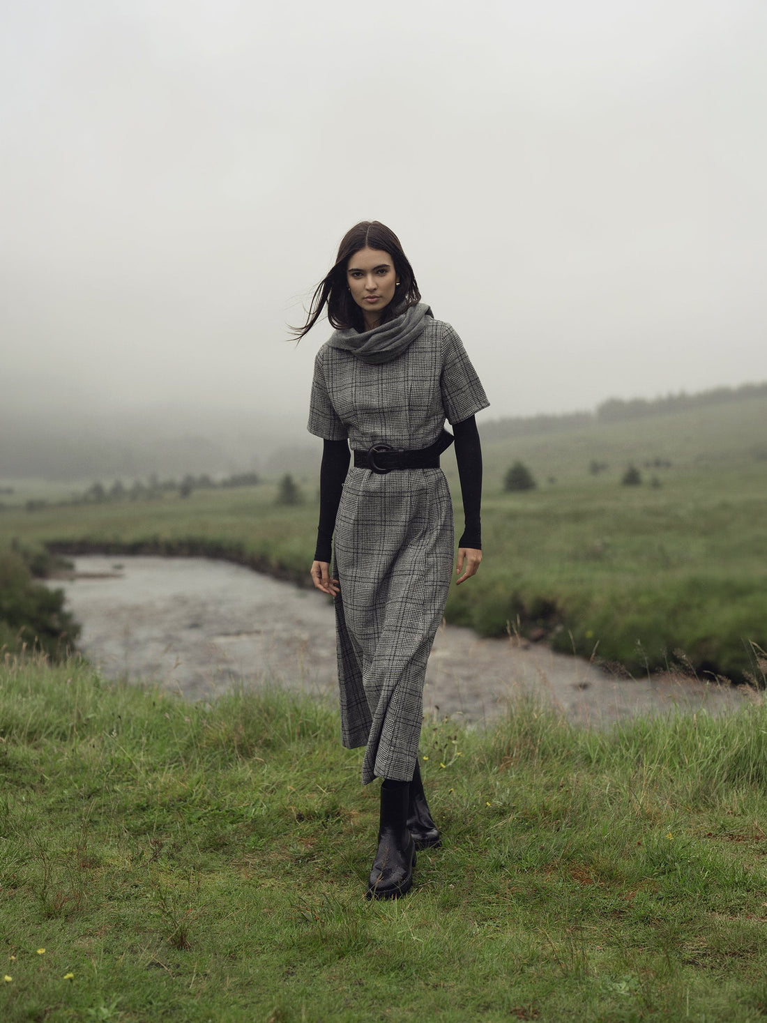 Front Pleat Square Neck Dress-Black/White Plaid