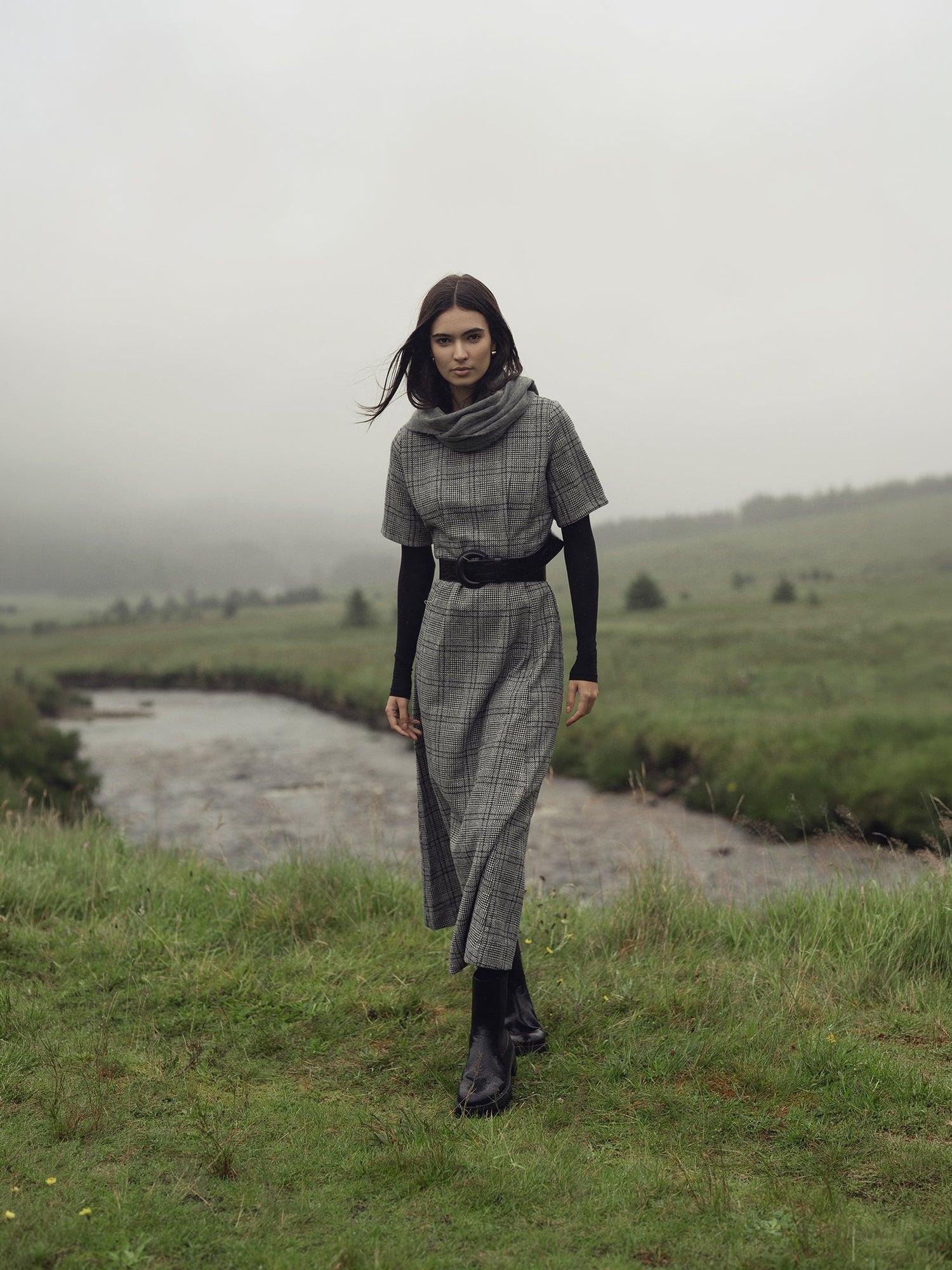 Front Pleat Square Neck Dress-Black/White Plaid