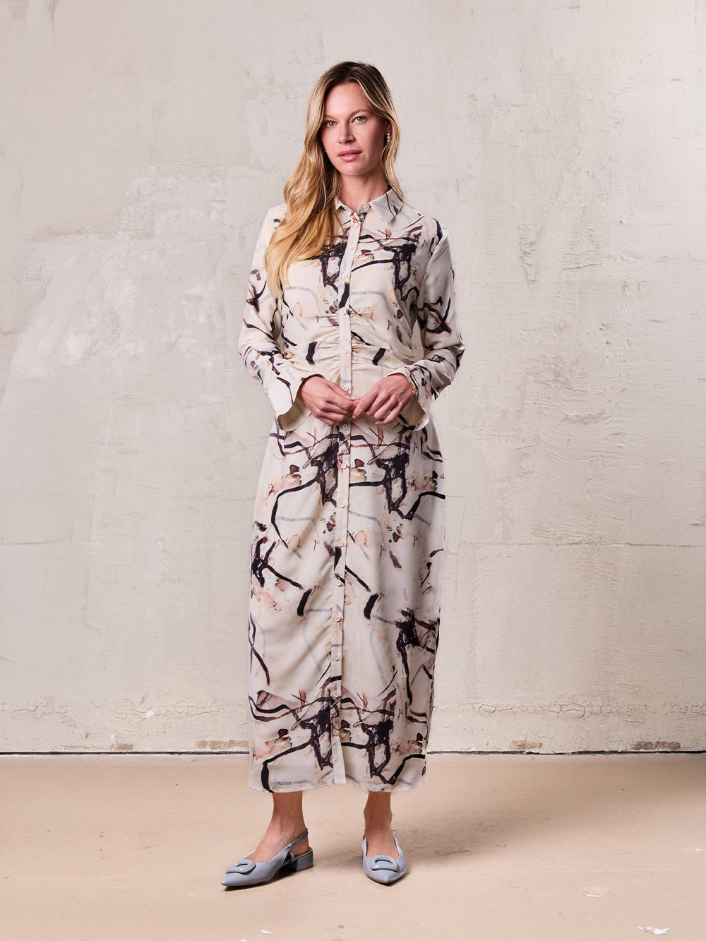 Front Shirred Shirtdress-Cream Floral
