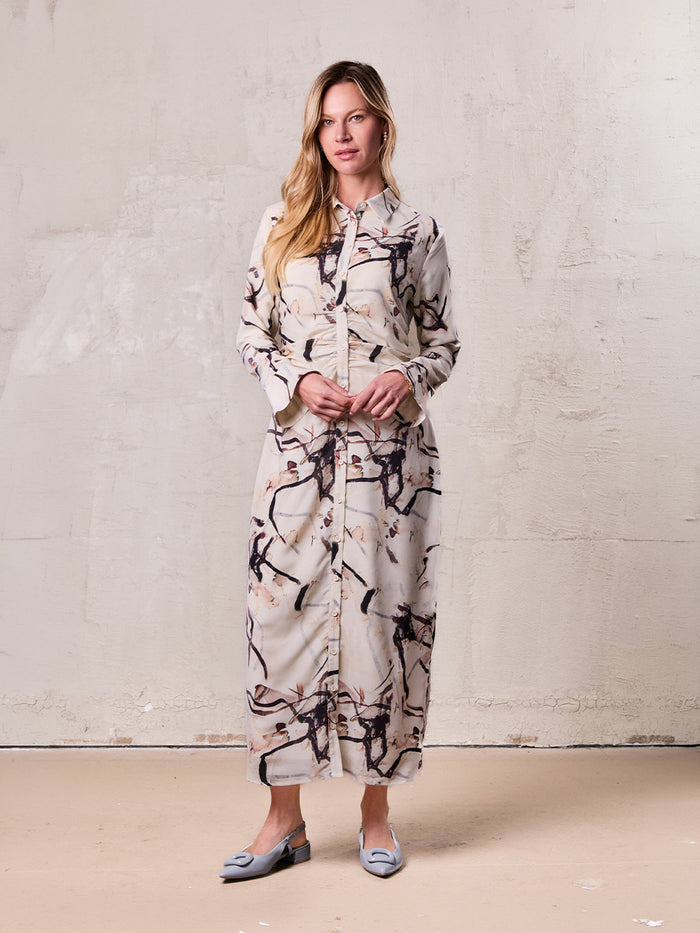 Front Shirred Shirtdress-Cream Floral