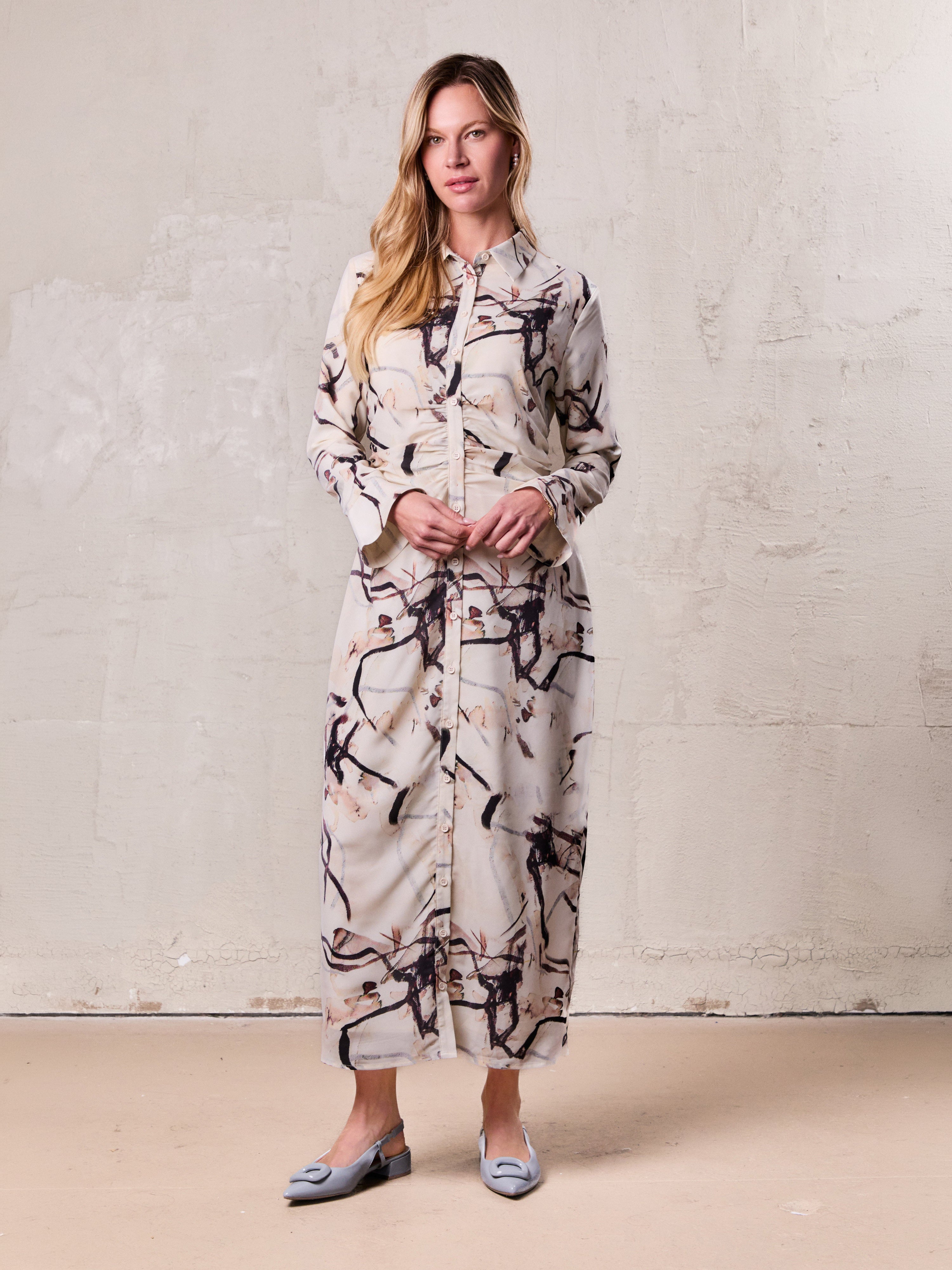 Front Shirred Shirtdress-Cream Floral