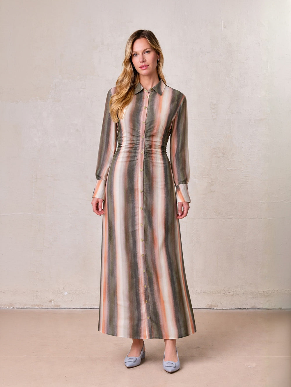 Front Shirred Shirtdress-Ombre Stripe