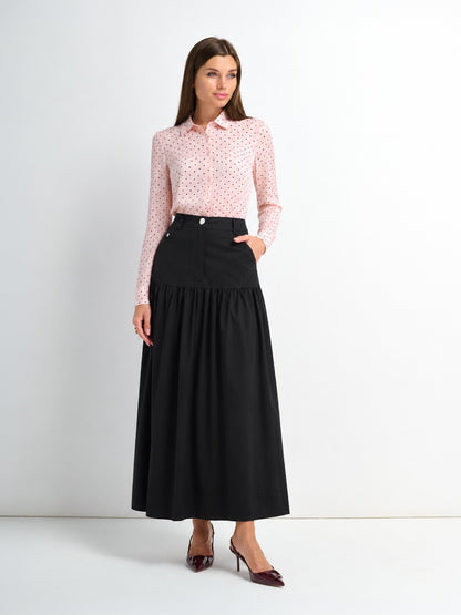 Gathered Drop Waist Yoke Skirt-Black