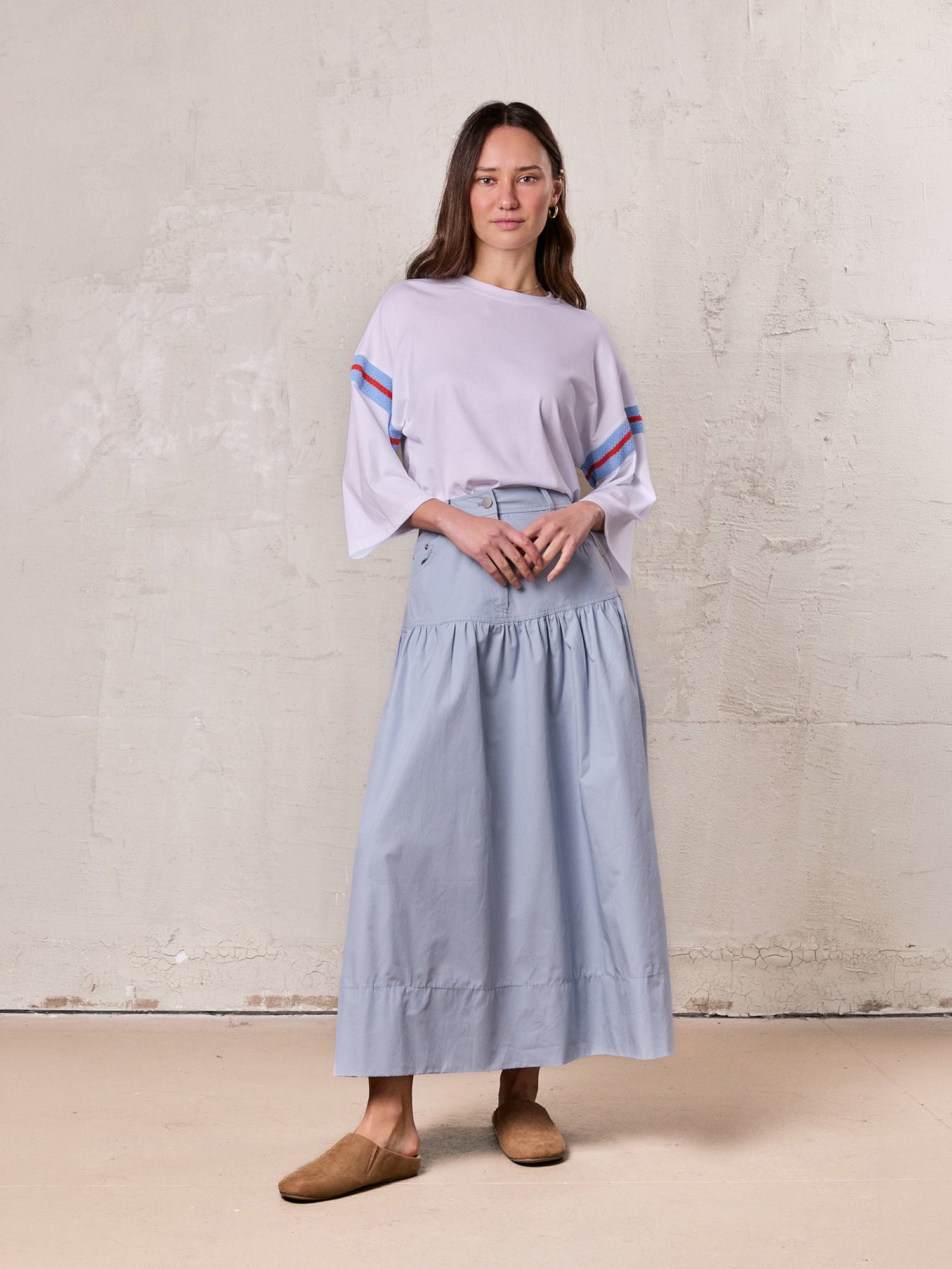 Gathered Drop Waist Yoke Skirt-Light Blue