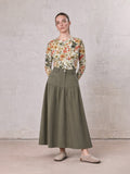 Gathered Drop Waist Yoke Skirt-Olive
