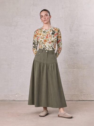 Gathered Drop Waist Yoke Skirt-Olive