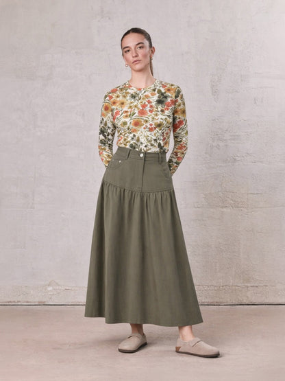Gathered Drop Waist Yoke Skirt-Olive