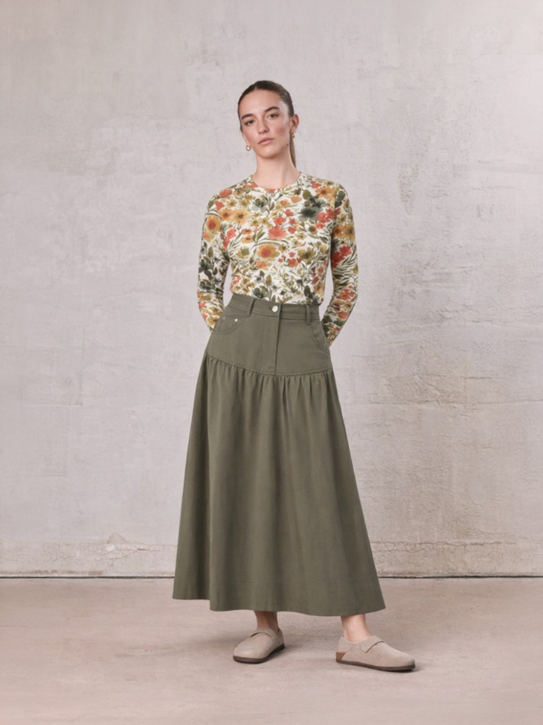 Gathered Drop Waist Yoke Skirt-Olive