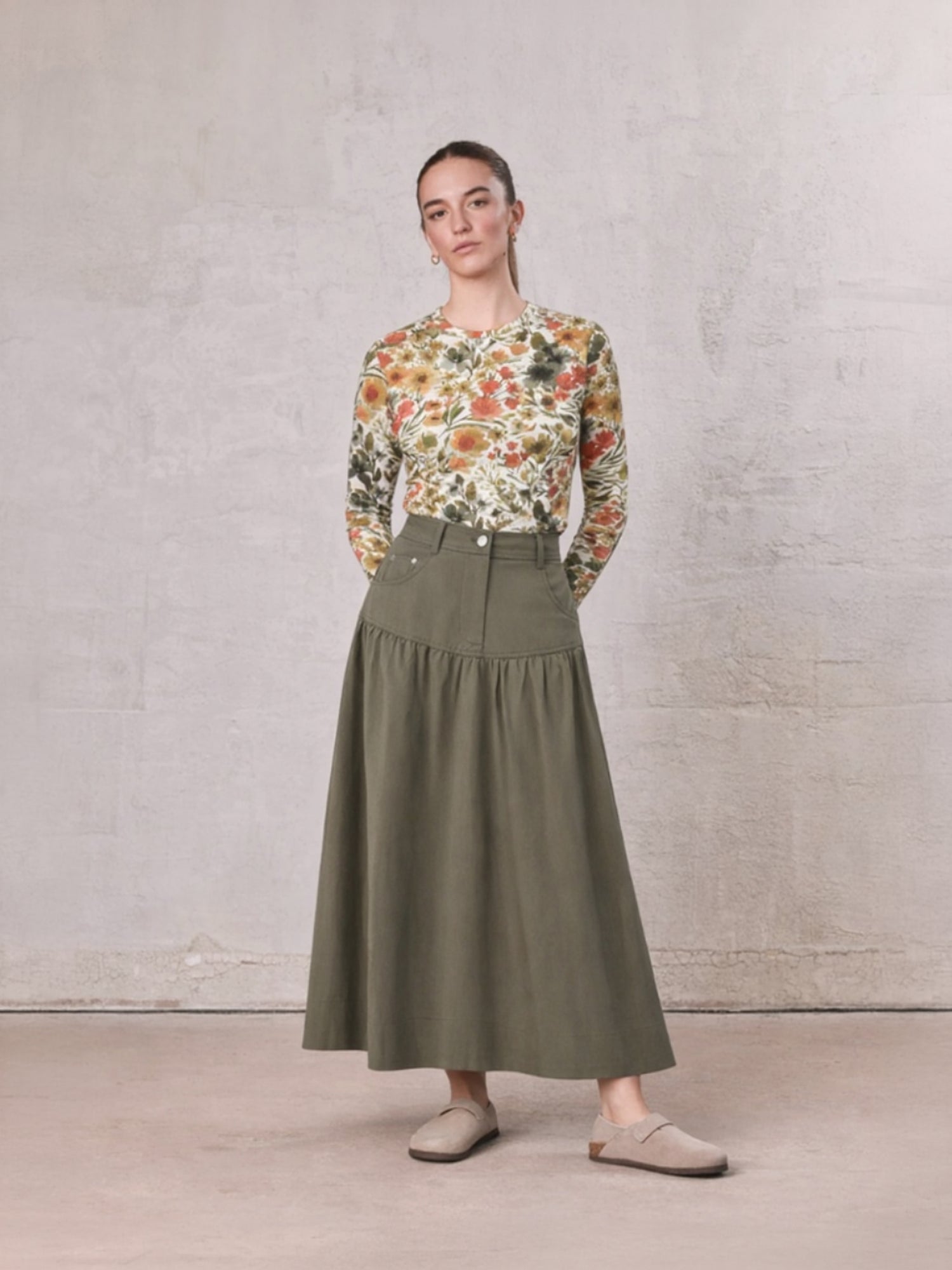 Gathered Drop Waist Yoke Skirt-Olive