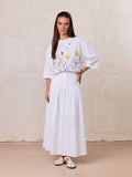 Gathered Drop Waist Yoke Skirt-White