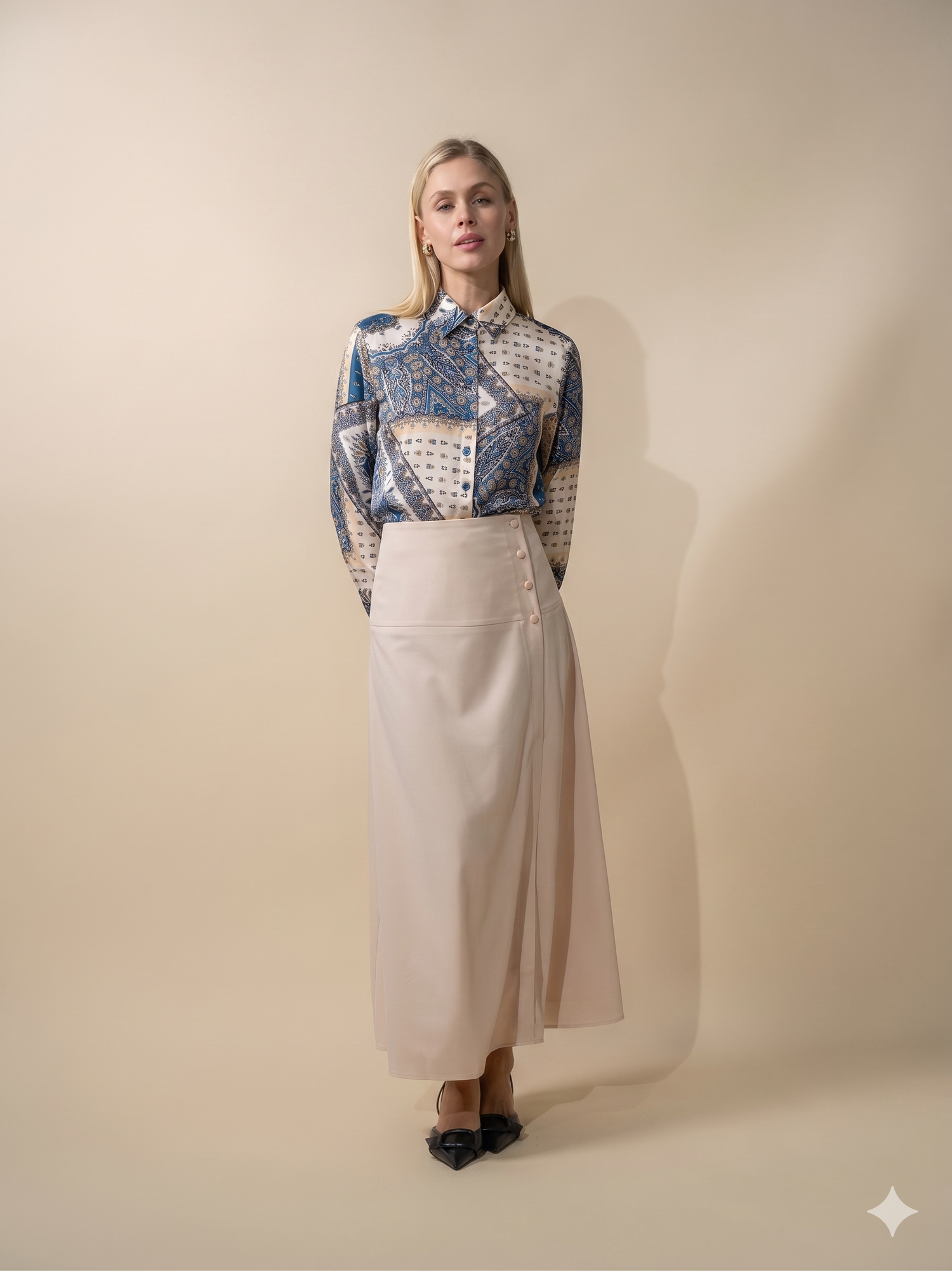 Button Down Collared Blouse-Teal Faux Satin