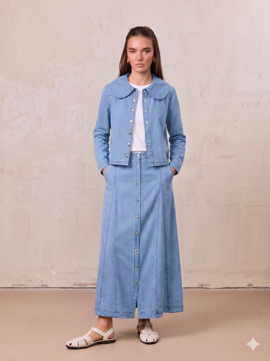 Chambray Seamed Button Down Denim Skirt-Blue