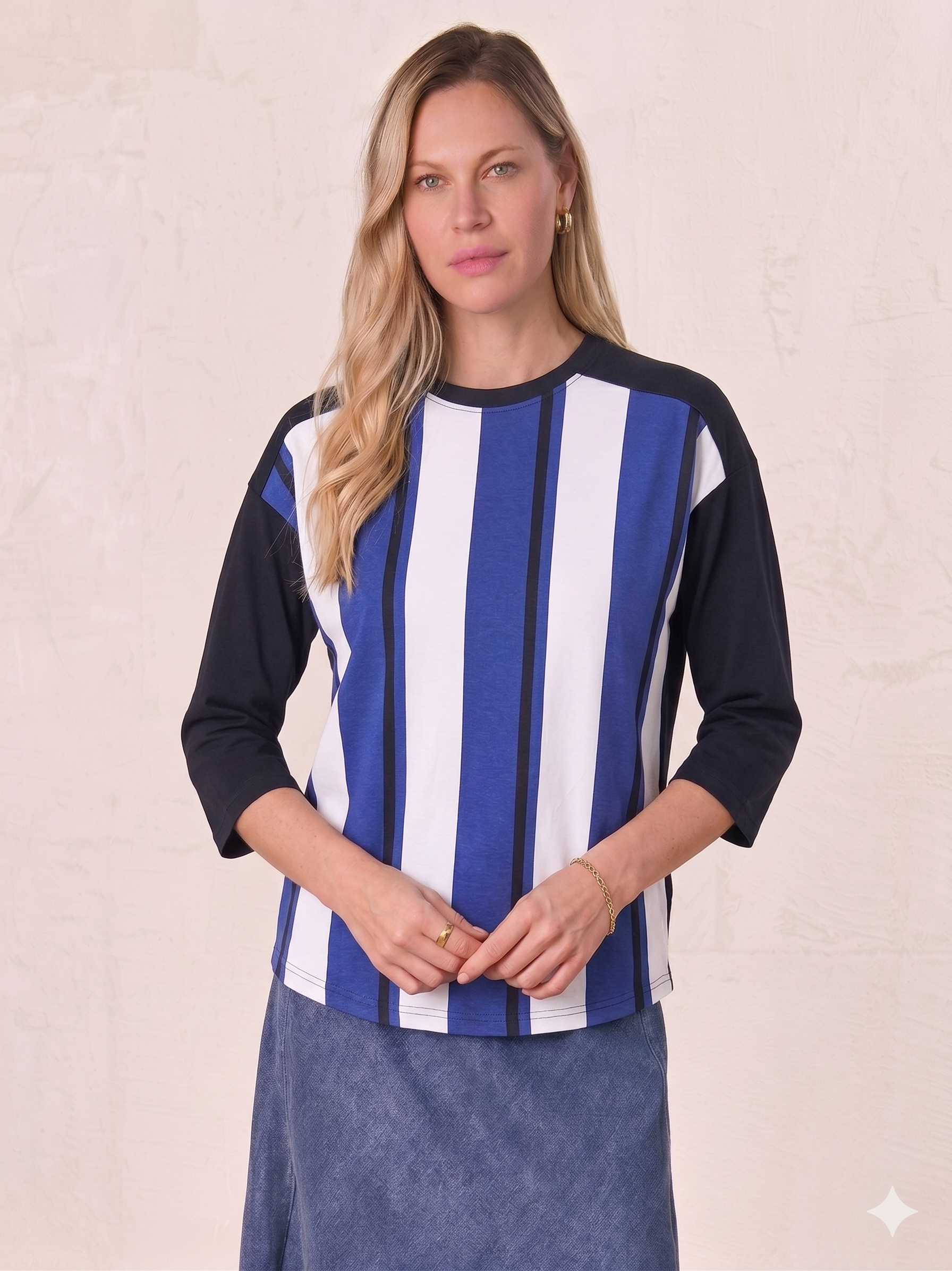 Mix Stripe Boxy Tee-Cobalt/Navy