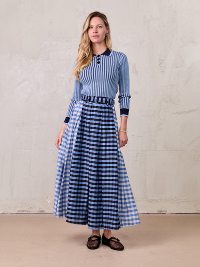 Gingham Two Color Box Pleat Skirt-Blue