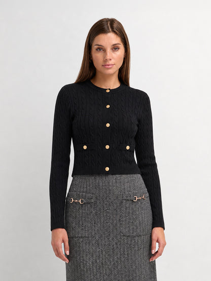 Gold Button Cable Cardigan - Black