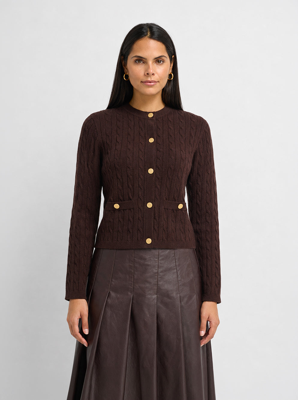 Gold Button Cable Cardigan - Brown