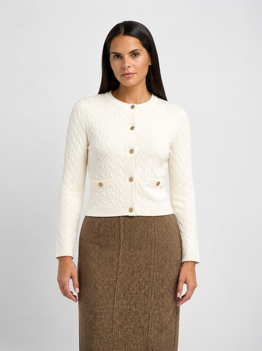 Gold Button Cable Cardigan - Cream