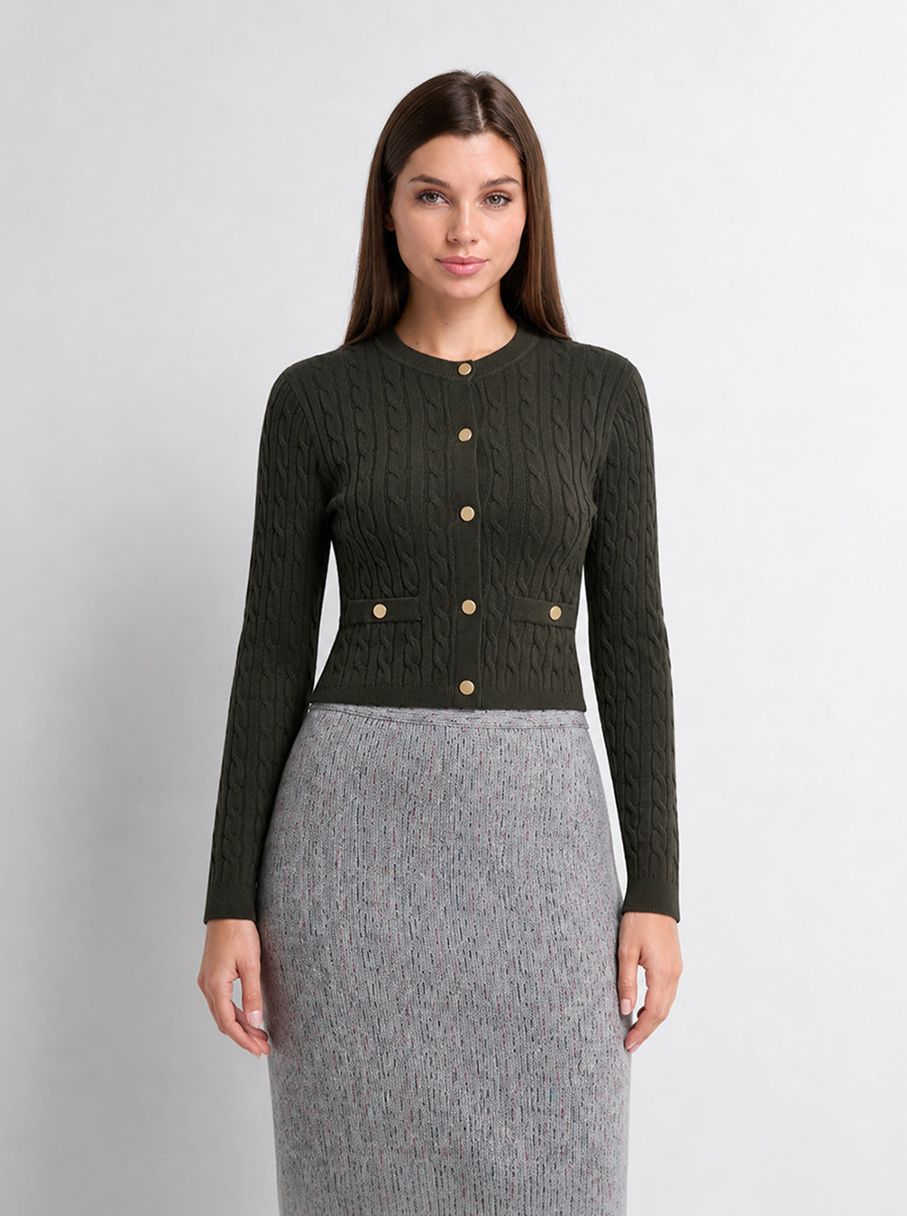 Gold Button Cable Cardigan - Green