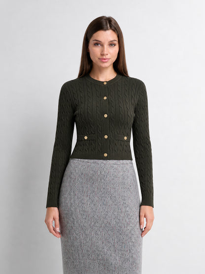 Gold Button Cable Cardigan - Green