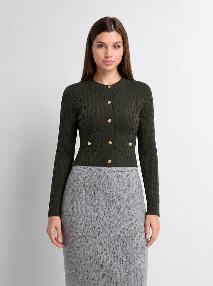 Gold Button Cable Cardigan - Green