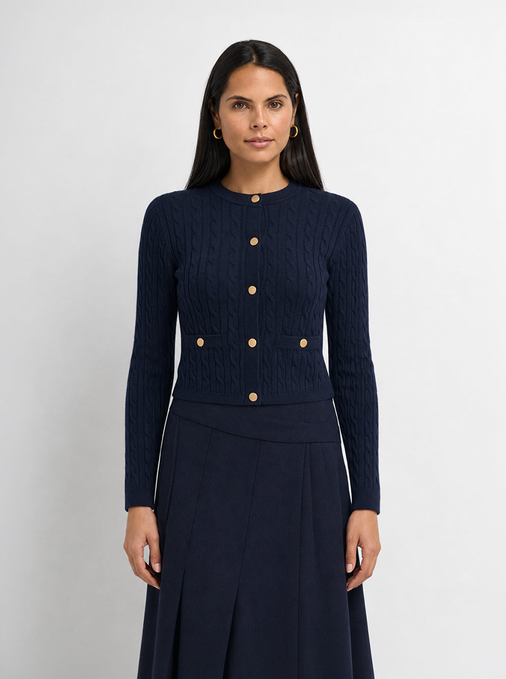 Gold Button Cable Cardigan - Navy