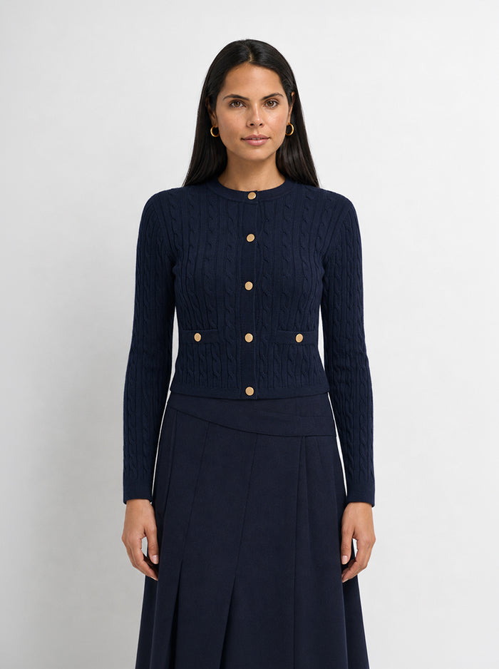 Gold Button Cable Cardigan - Navy