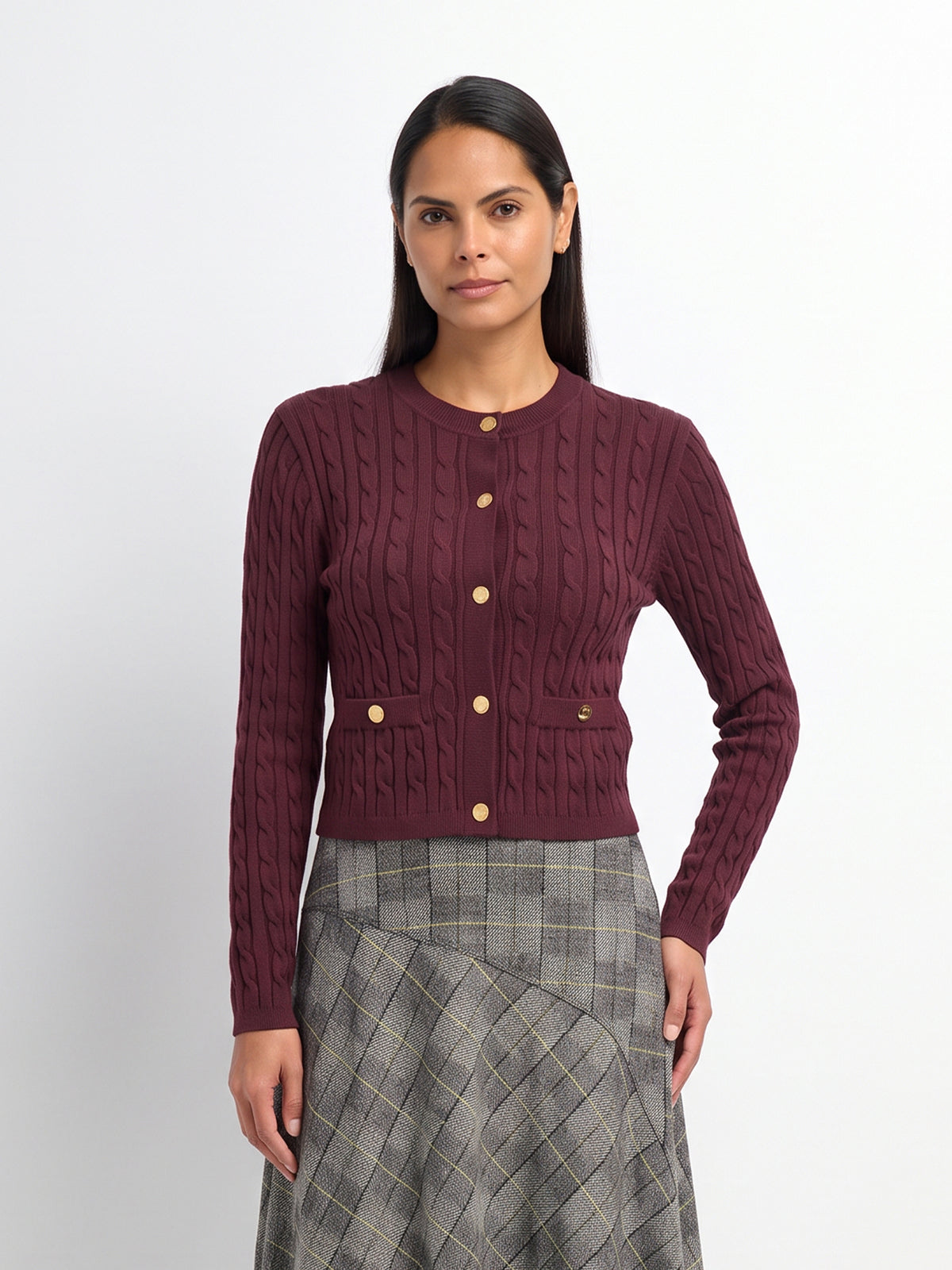 Gold Button Cable Cardigan - Burgundy