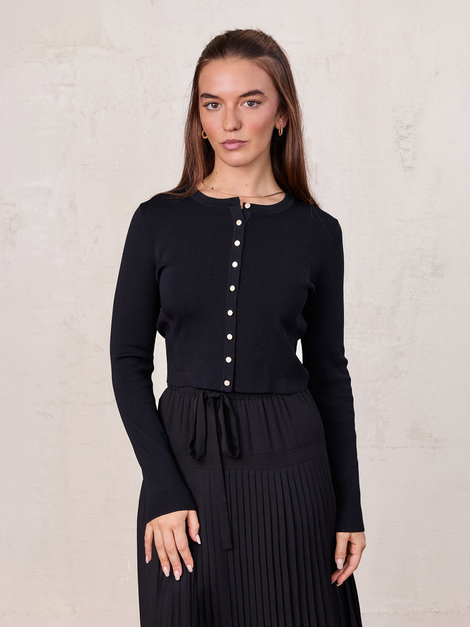 Gold Button Crop Cardigan-Black