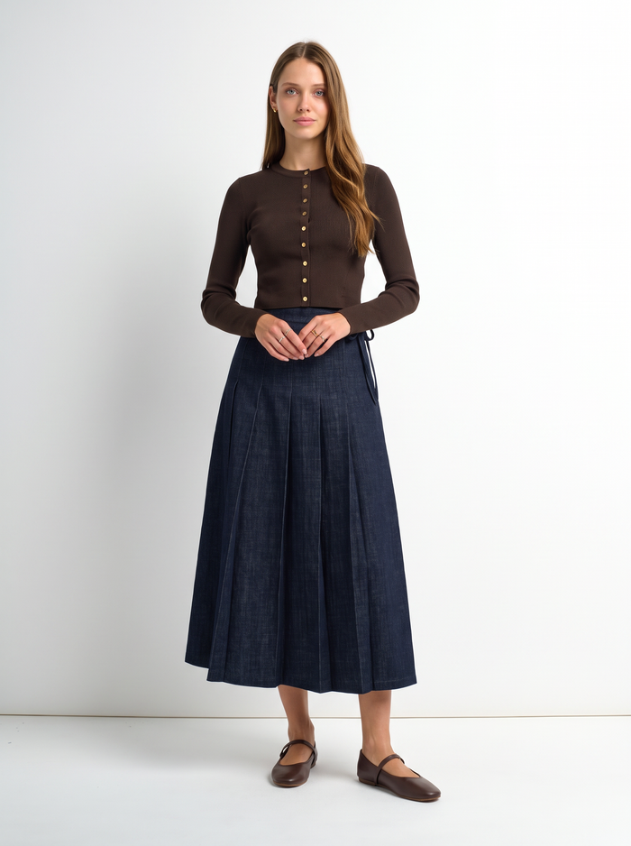 Faux Wrap Pleat Denim Skirt - Blue