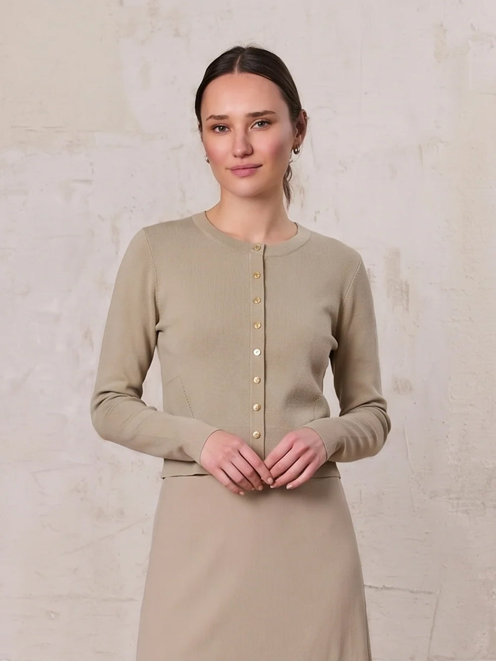 Gold Button Crop Cardigan-Latte
