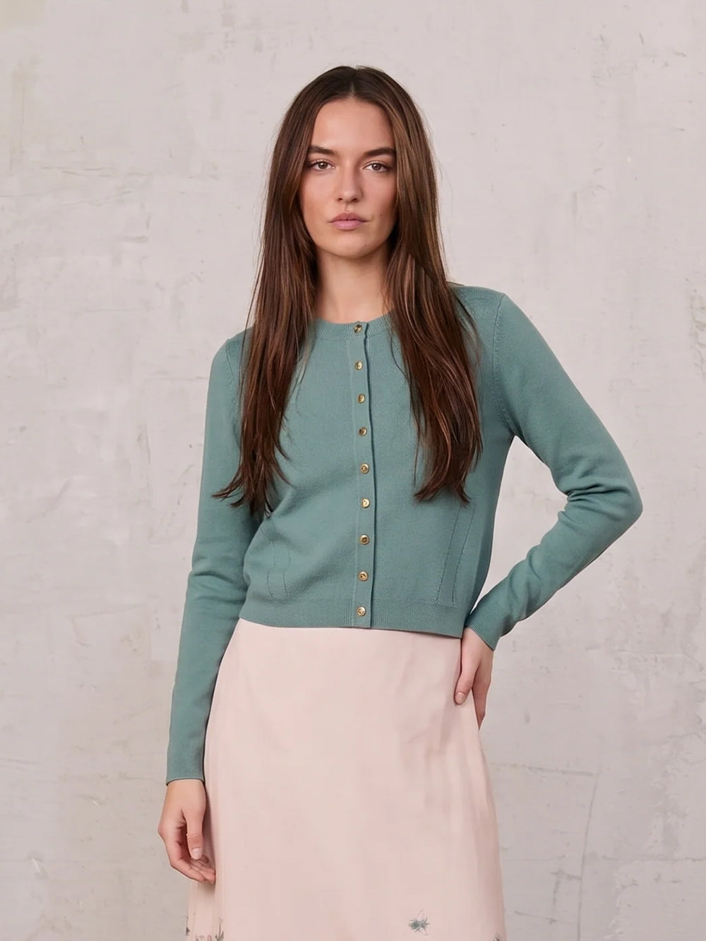 Gold Button Crop Cardigan-Sage