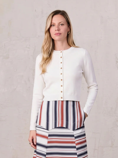 Gold Button Crop Cardigan-White