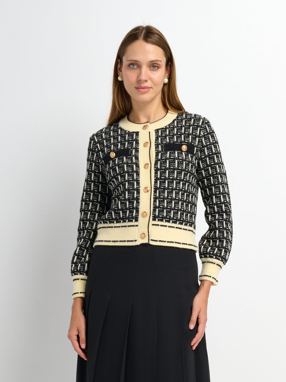 Gold Button Down Plaid Cardigan - Black/Cream